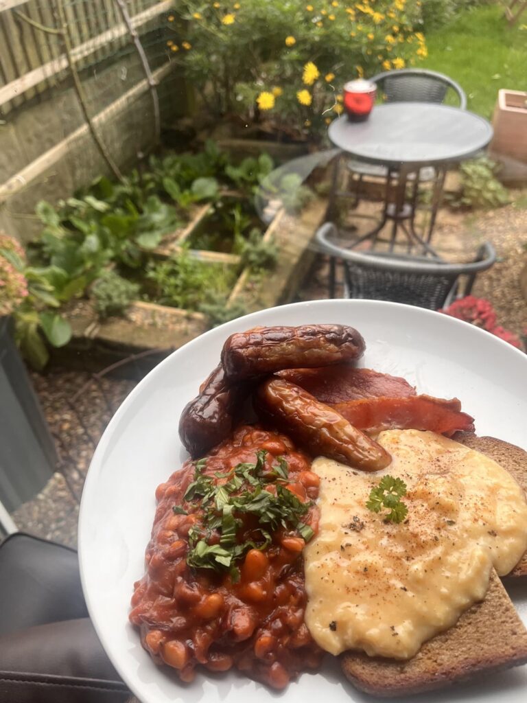 Breakfast beans and custardy eggs