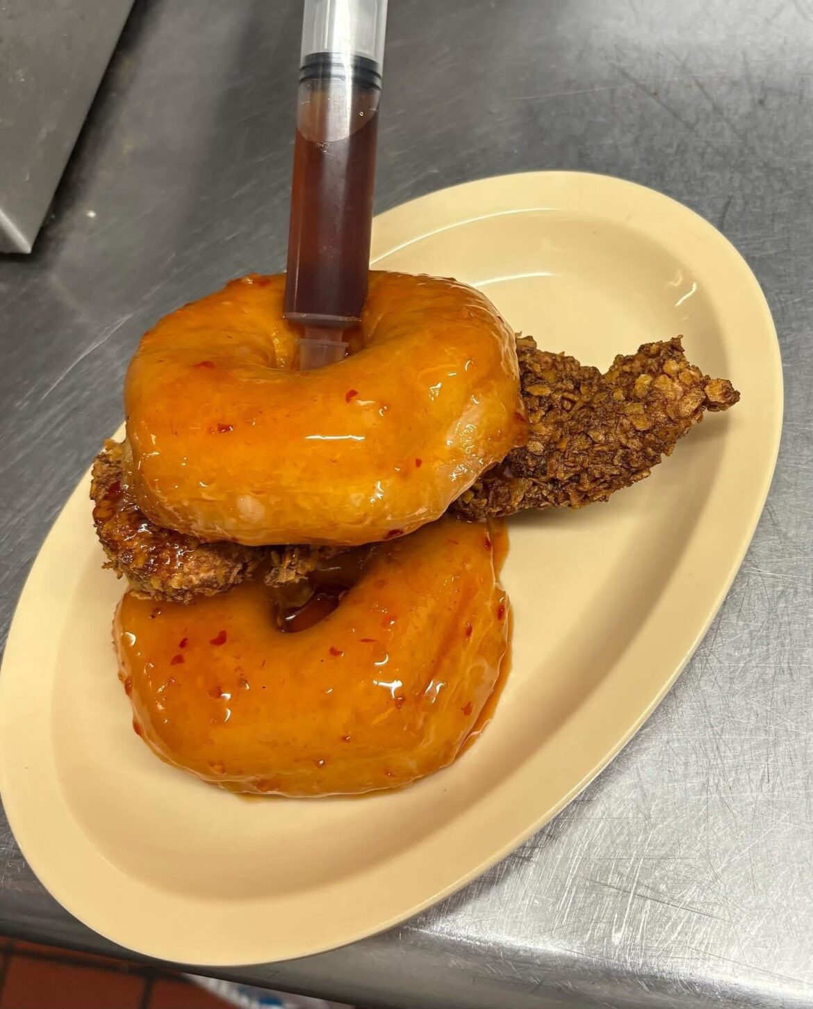 Fried Chunk of Something with Donut and Syringe