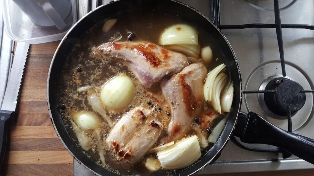 3 hour cider and juniper rabbit with black pudding bubble & sqeak