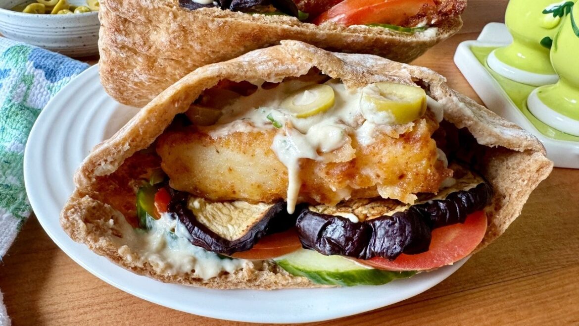 Fried Fish Pita Sandwich with Roasted Eggplant and Tahini Sauce | Middle Eastern recipe