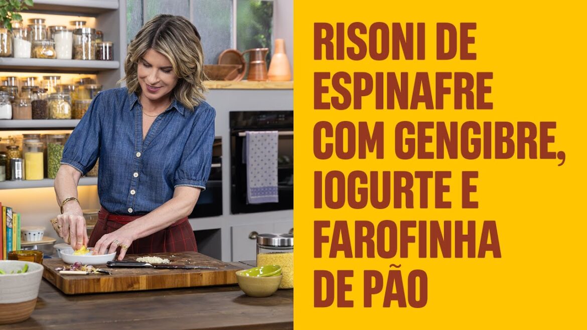 Risoni de espinafre com gengibre, iogurte e farofinha de pão Risoni de espinafre com gengibre, iogurte e farofinha de pão