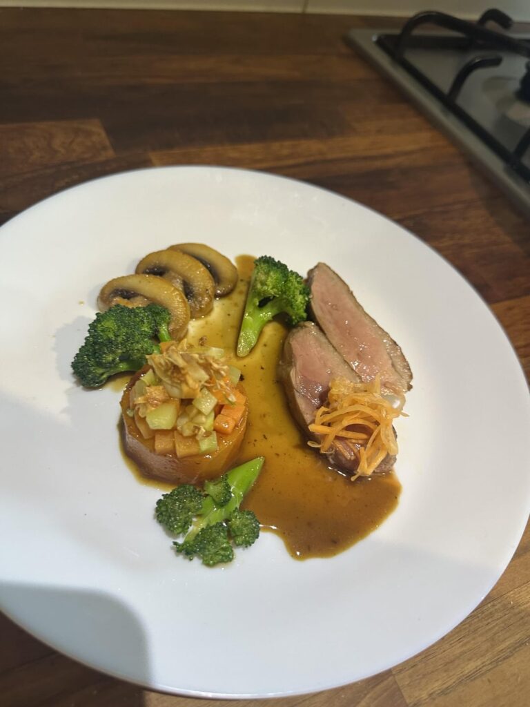 Duck, mushrooms sweet potato and broccoli