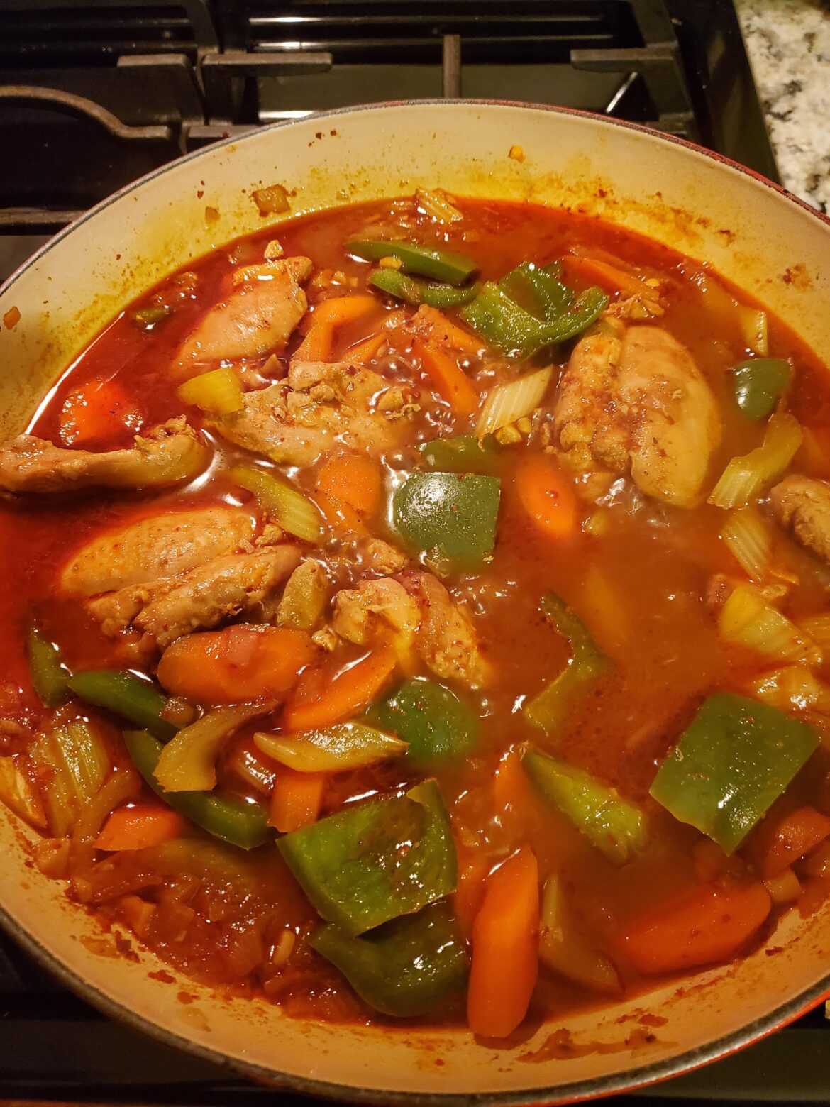 Inspired by Dakbokkeumtang using carrots, celery, and green bell peppers to flavor the stew.