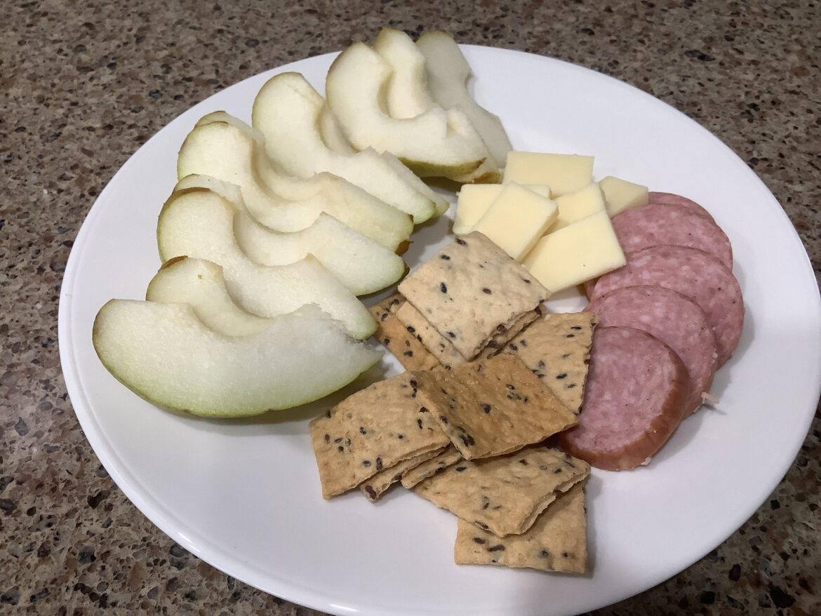 A “charcuterie board” breakfast made with items from my Get Well Harry & David gift box a friend sent me.