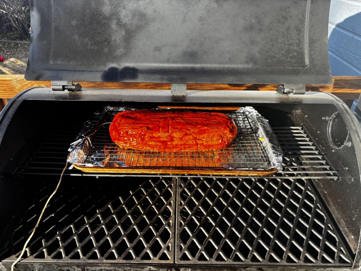Smoked meatloaf going in!