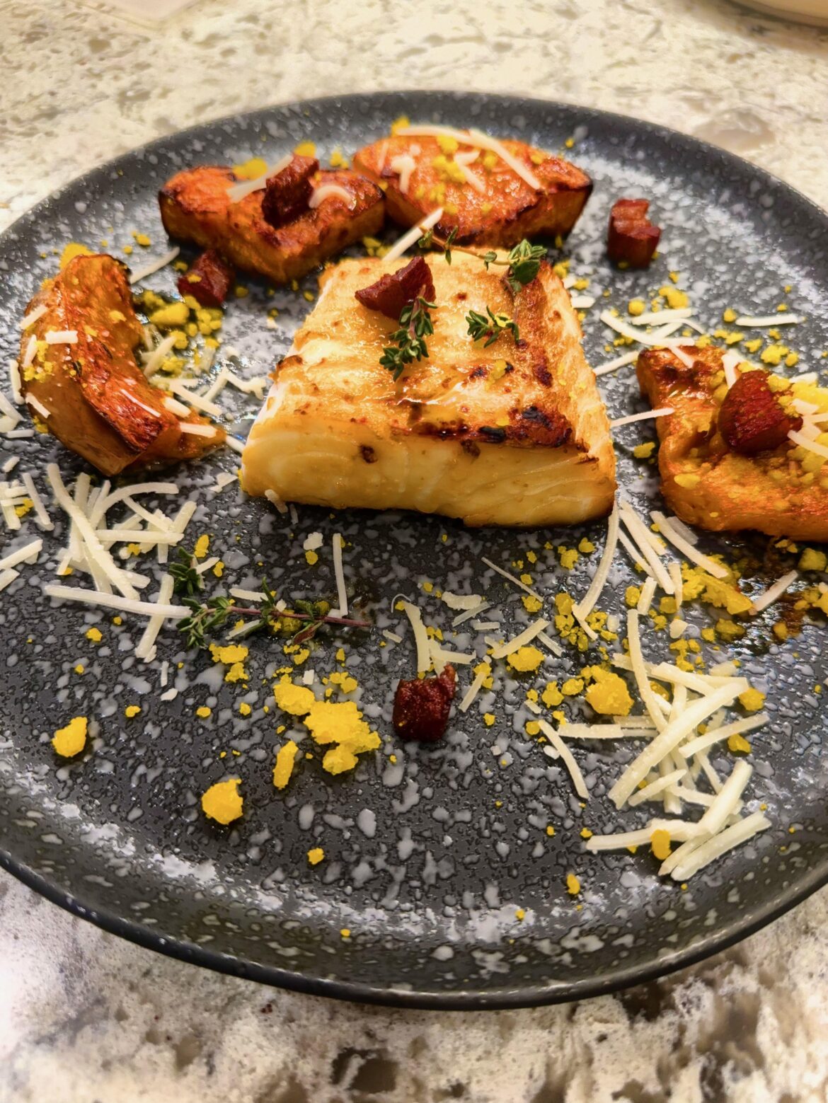 Miso marinated halibut, roast squash "carbonara"