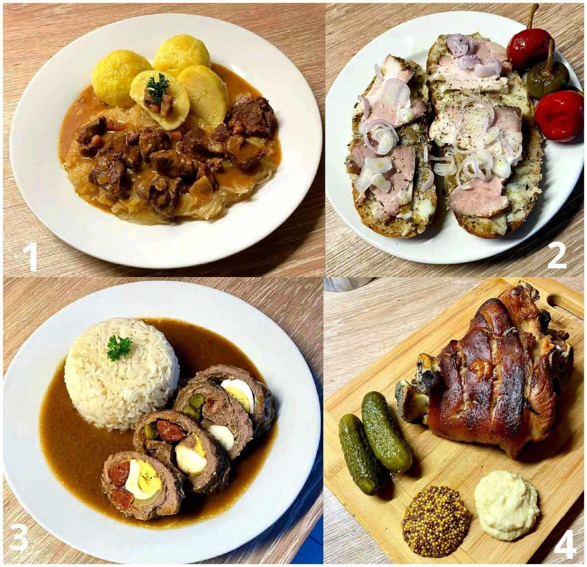 A wild boar was caught…1). Moravian shoulder roast, cabbage with Tyrolean bacon, potato dumpling. 2). Slices of roast flank, onion, pepper and hot peppers. 3). Roulade with strong gravy, rice. 4). Slow-roasted knee, French mustard, horseradish, pickled cucumbers. Cooked by my friend Helen. A wild boar was caught...1). Moravian shoulder roast, cabbage with Tyrolean bacon, potato dumpling. 2). Slices of roast flank, onion, pepper and hot peppers. 3). Roulade with strong gravy, rice. 4). Slow-roasted knee, French mustard, horseradish, pickled cucumbers. Cooked by my friend Helen.