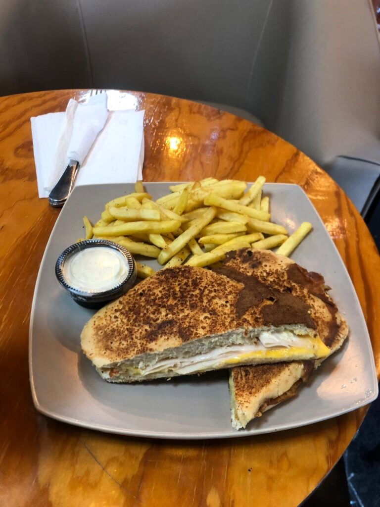 Toasted turkey sandwich with melted cheese, fries, and ranch sauce.