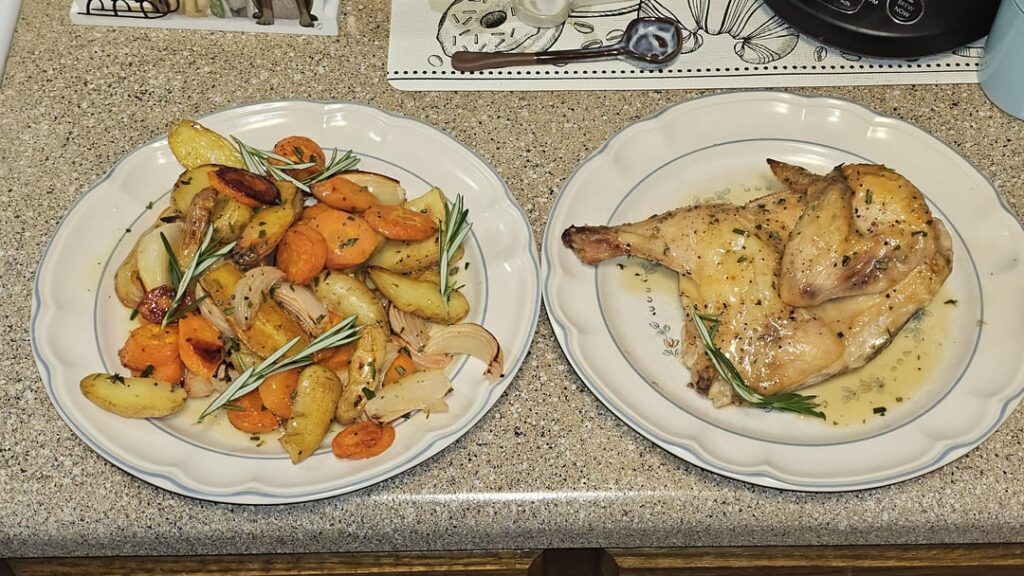 Maple-Rosemary Roasted Half Chicken with Fingerling Potatoes and Carrots