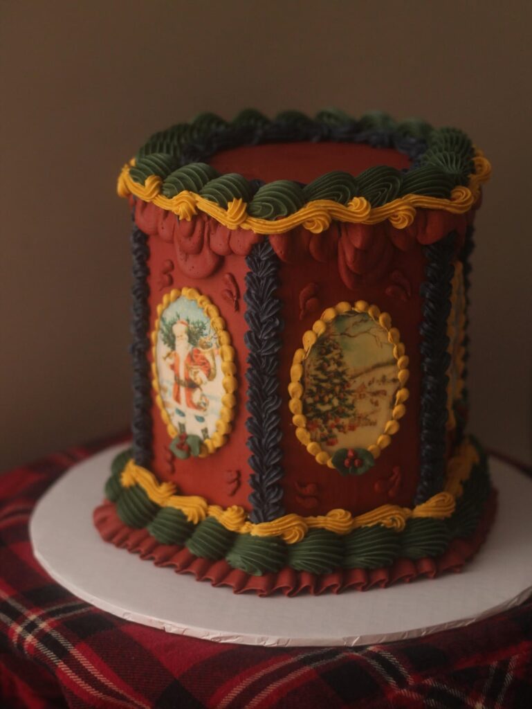 Made a cake for my office, inspired by vintage Christmas decor