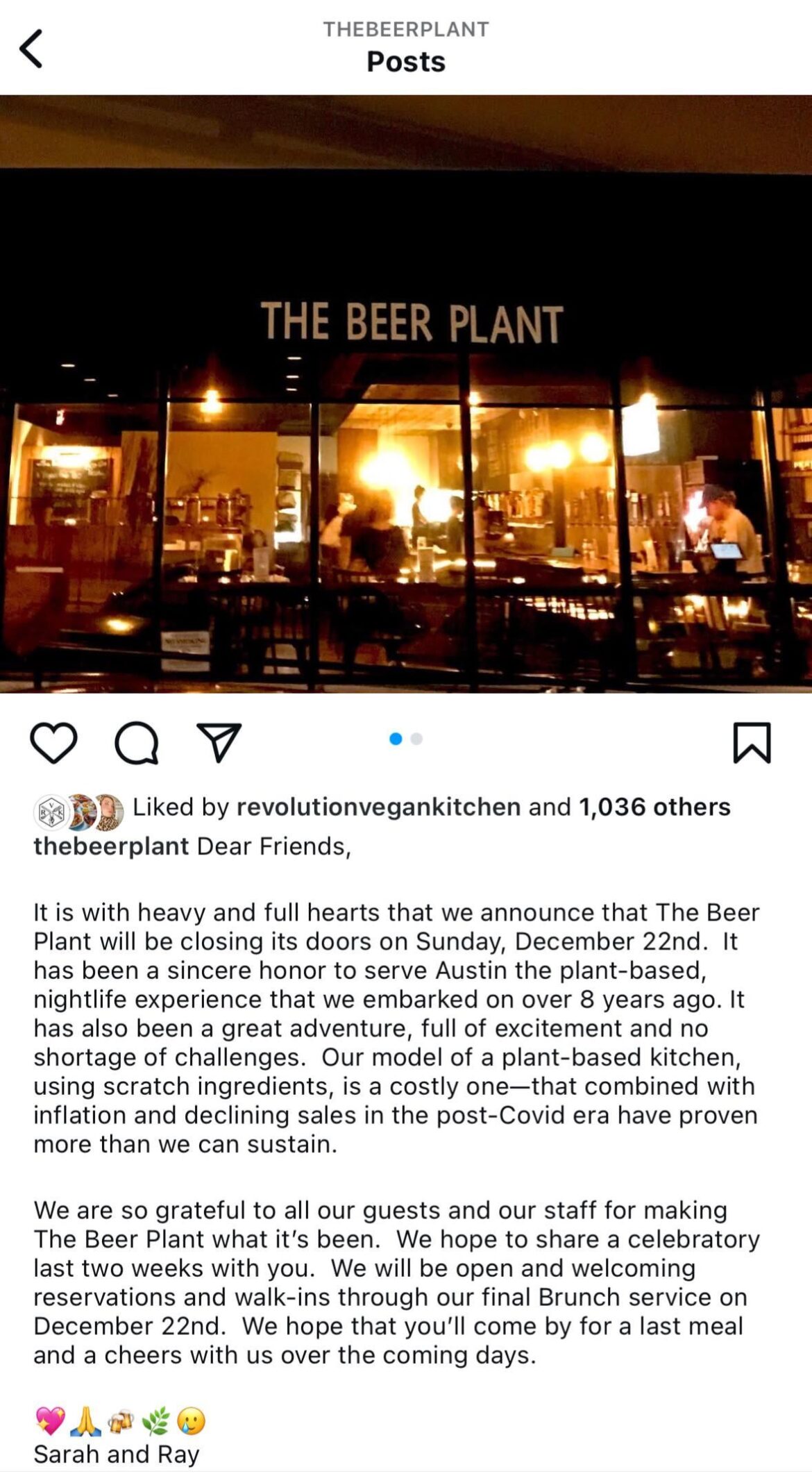 Beer Plant is closing 12/22