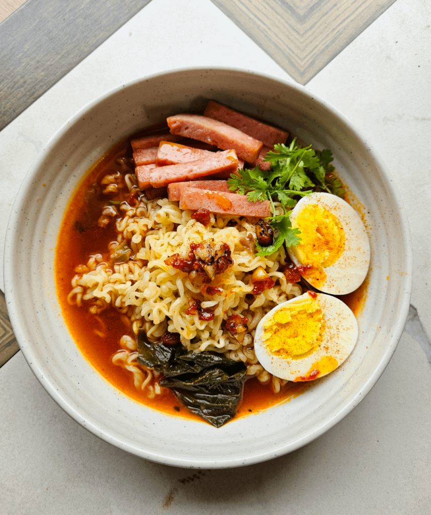 Ramyun with Spam, Perilla kimchi and Gochujang oil.