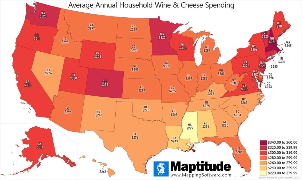 Household Wine and Cheese Spending by State, USA