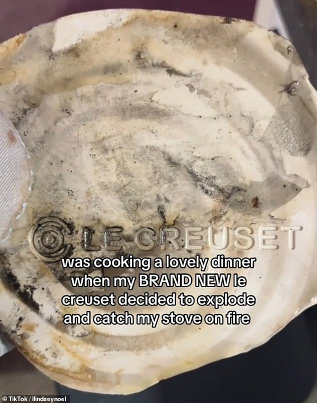 Woman reveals her Le Creuset pot shattered while she was cooking her dinner – but people say it’s her fault Lindsey Noel shows the Le Creuset branding on the bottom of her exploded pot