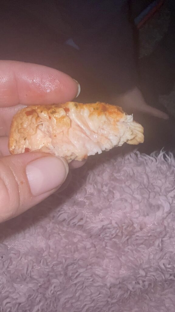 Gf says this is uncooked, I say it’s cooked beautifully and the colouring is just the marinade. Only strangers on the internet can settle this argument!