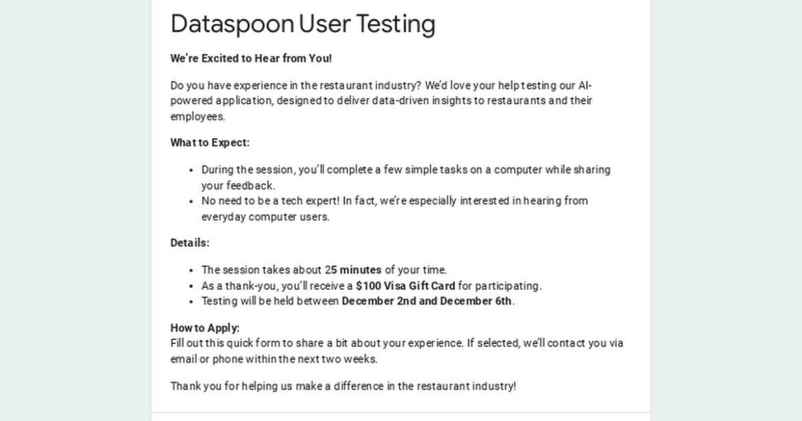 Looking for Restaurant Professionals to Interview for a New App (and get a $100 Visa Gift Card) Looking for Restaurant Professionals to Interview for a New App (and get a $100 Visa Gift Card)