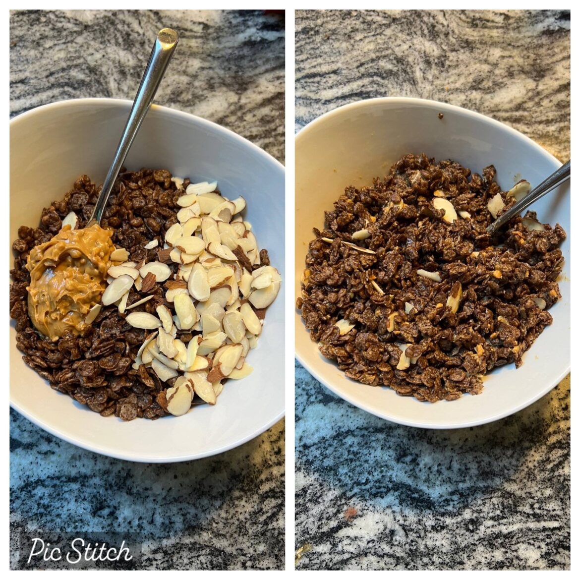 I mix peanut butter & slivered almonds to cocoa pebbles, the extra protein keeps me full for hours!