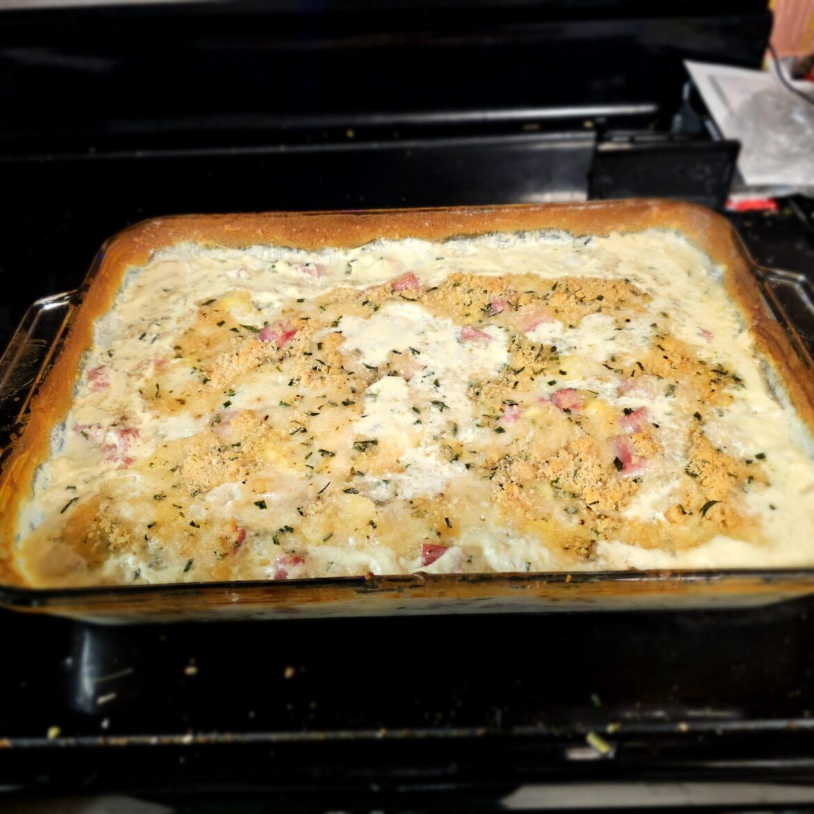 Scalloped Potatoes and ham, made with smoked gouda and Emmenthaler.