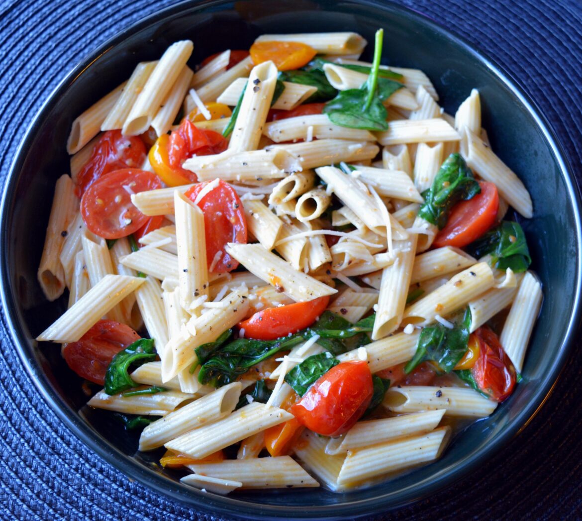 315 cal, 27 P. Cacio e pepe with pan roasted tomatoes and greens