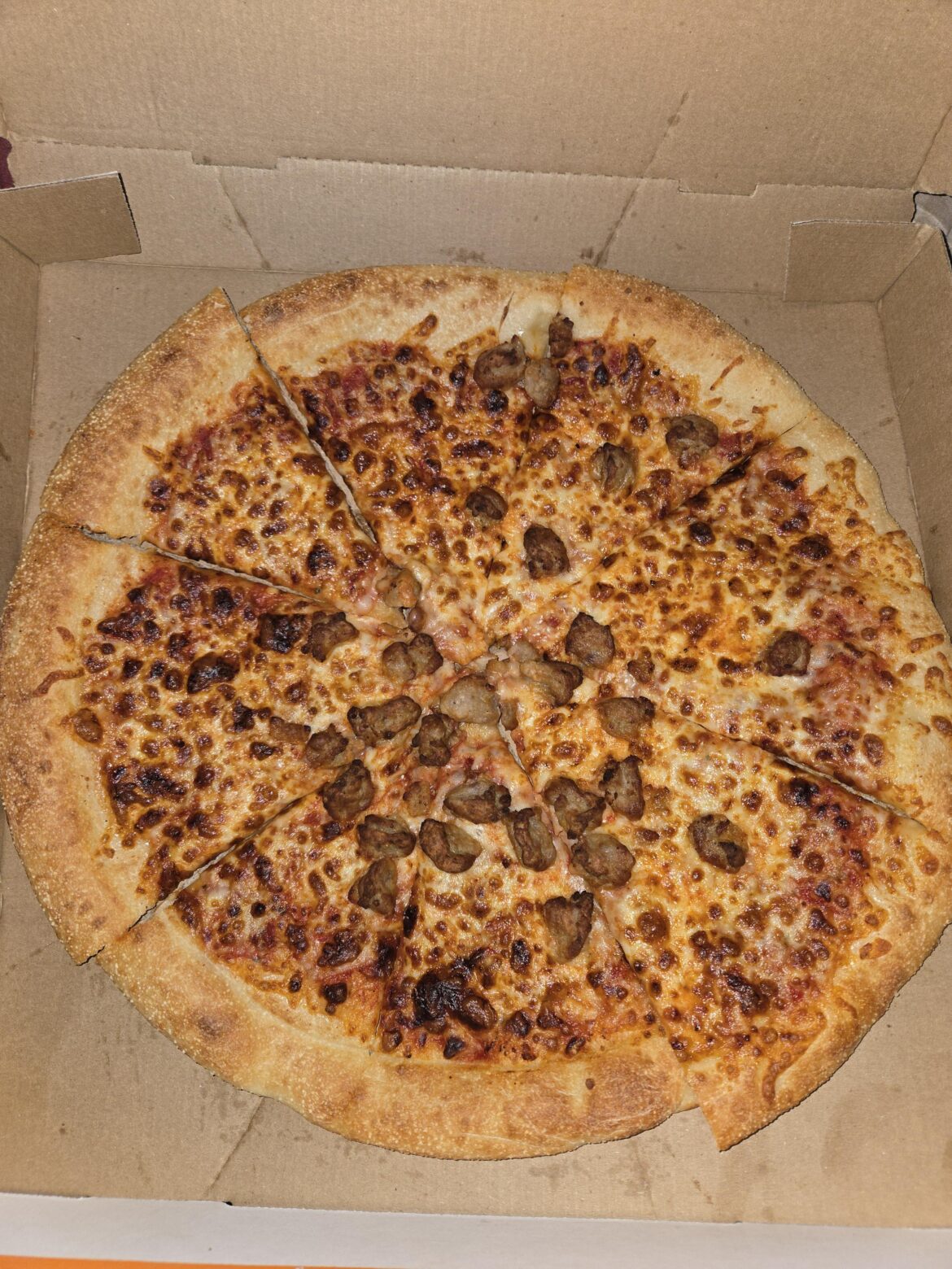 Little Caesar’s “extra most bestest sausage” pizza Little Caesar's "extra most bestest sausage" pizza