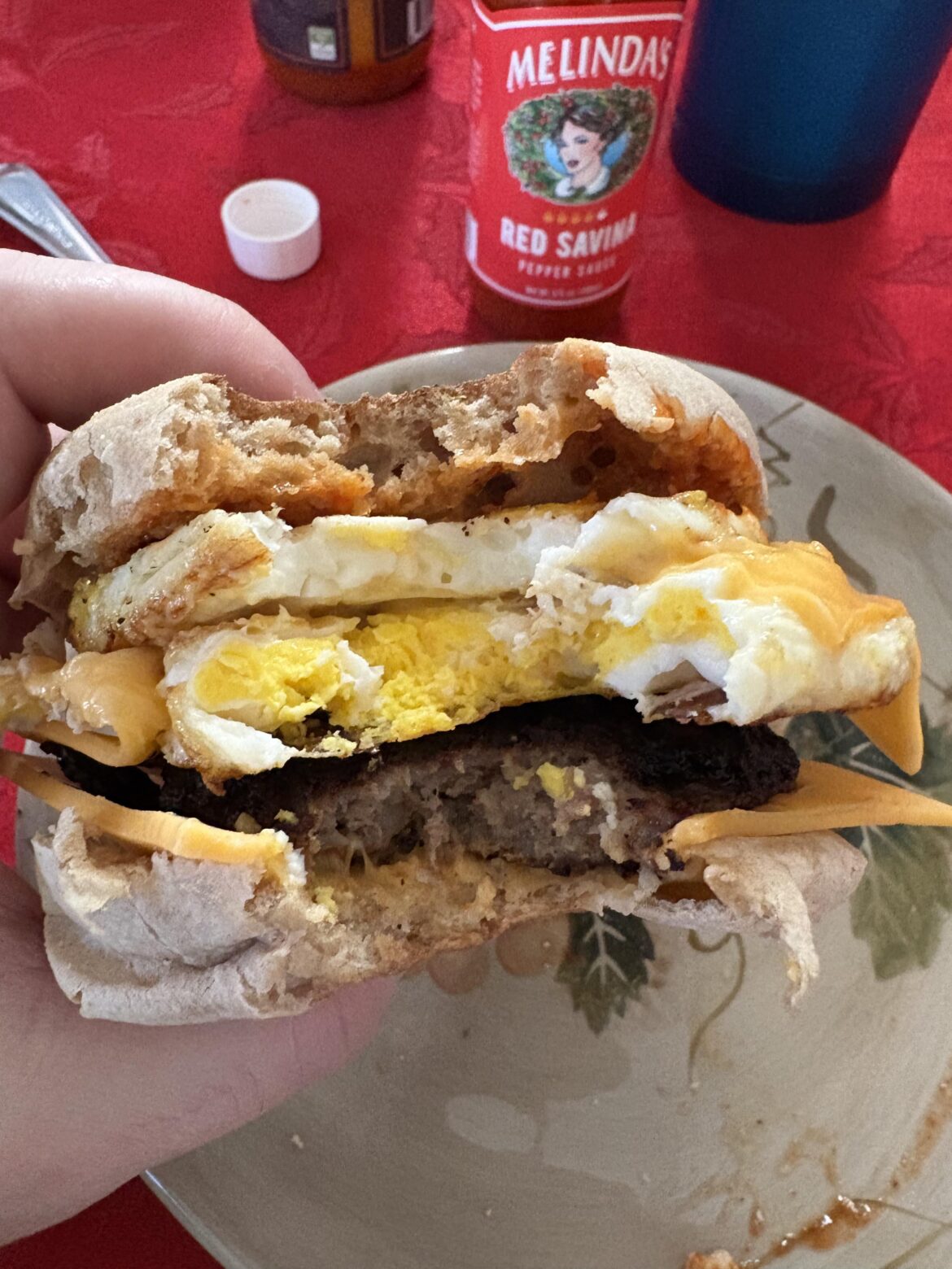 Homemade double egg, cheese and sausage McMuffin. Merry Christmas everyone.