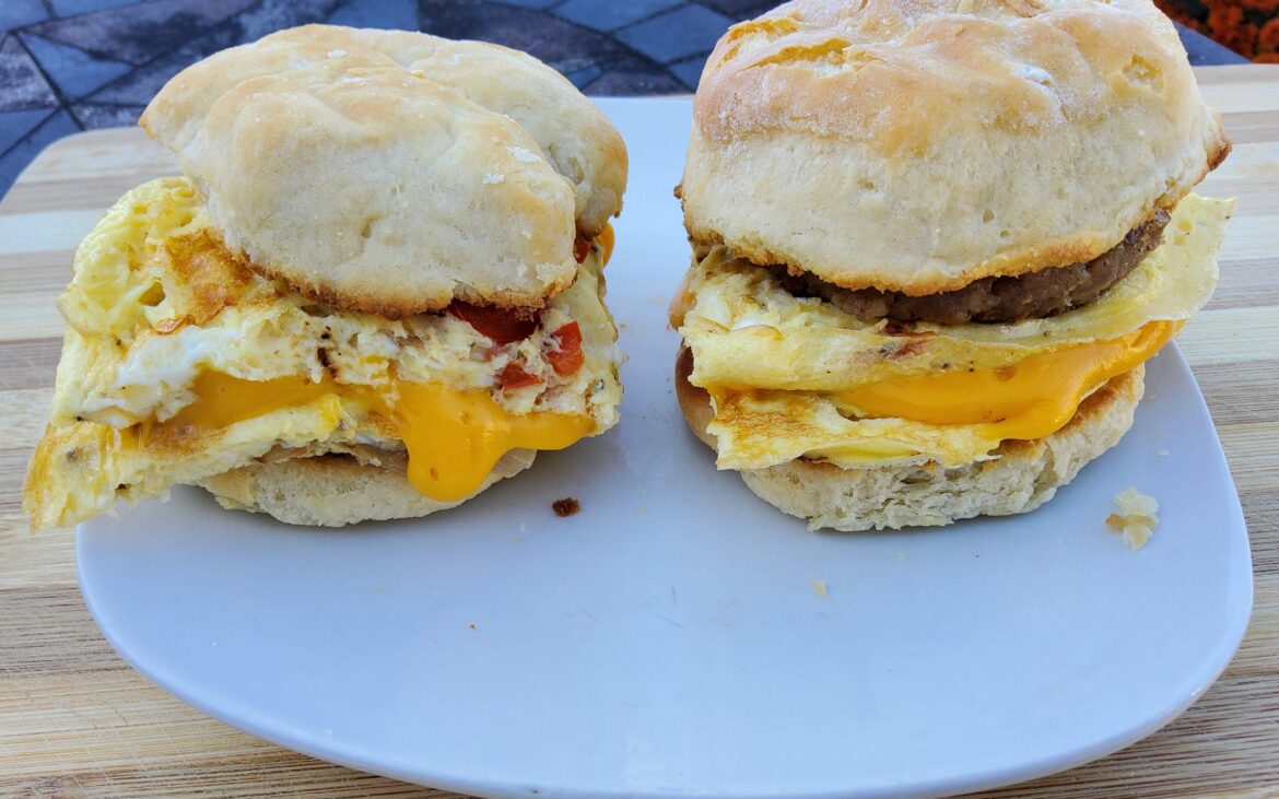 Good way to start the day. Cheesy eggy sausage biscuit sandwich.