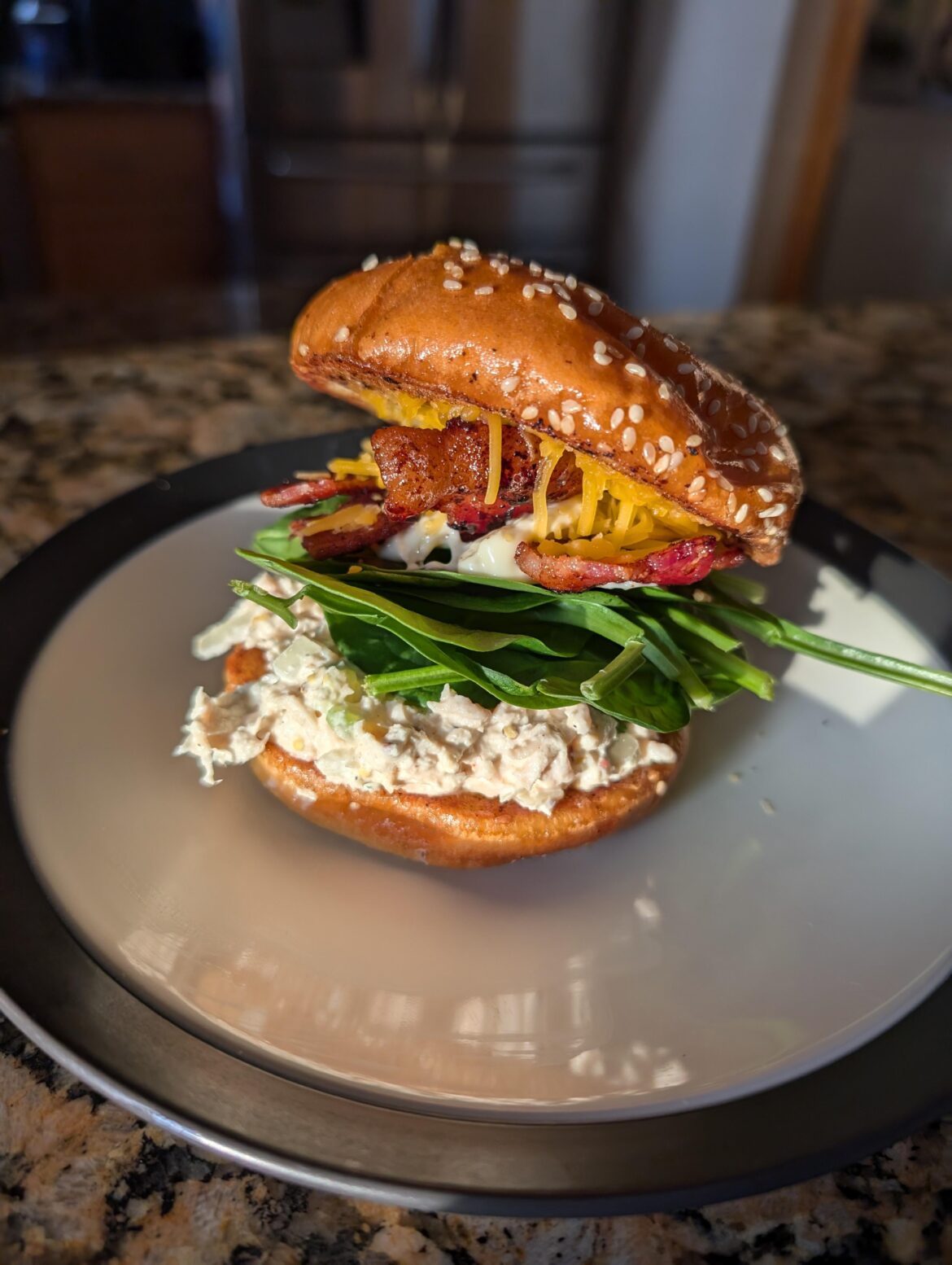 Chicken salad with bacon cheddar and spinach.