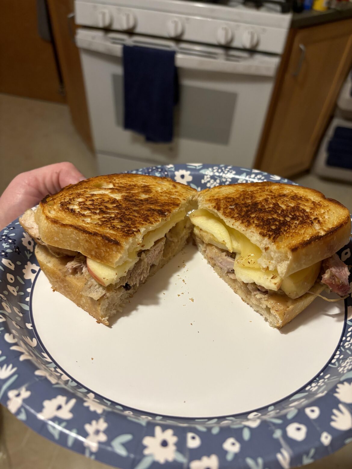 Last of the leftover thanksgiving smoked turkey, sliced honey crisp apple, sharp white cheddar, home made maple mustard.