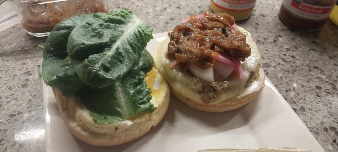 Burger w/ raw sweet onion, pickled red onion, caramelized yellow onion, & 2 year old cheddar on a toasted onion bun