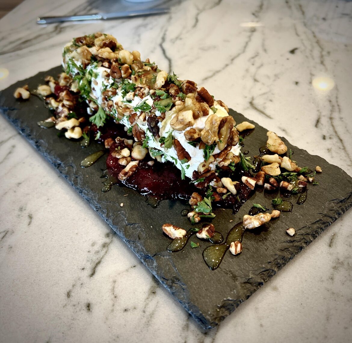 Chèvre cheese, cranberry jam, walnuts