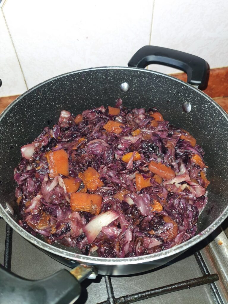 Fast, tasty, cheap.....red radicchio with pan-fried violin squash.