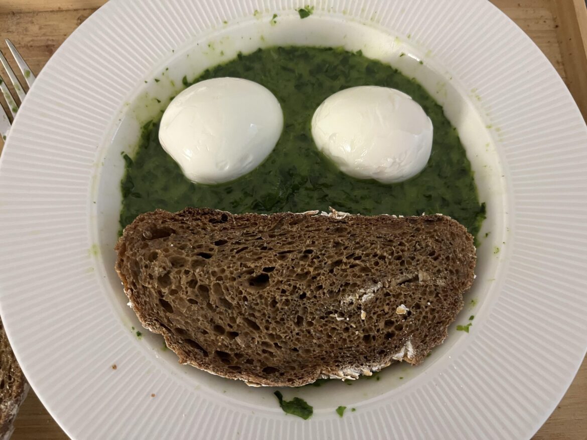 Spinach, soft-boiled eggs, bread, and lazy me. Taste good, though.