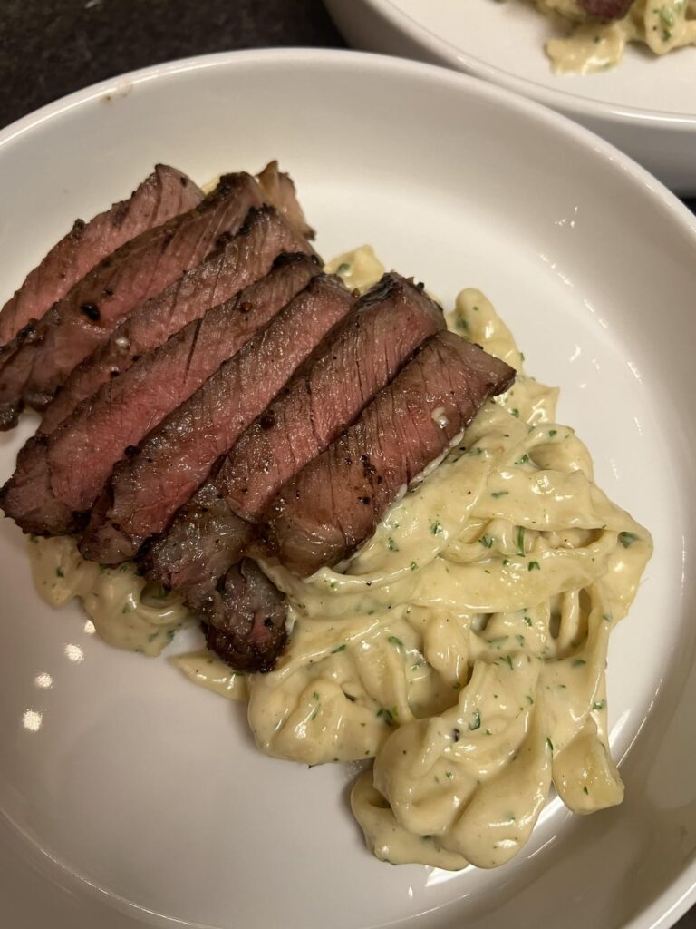 steak and alfredo pasta with homemade noodles