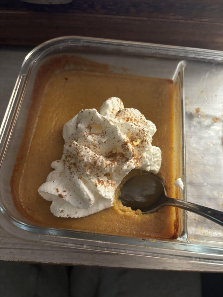 Today I was feeling the big sad so I took some leftover pumpkin that I puréed for a pie on Thanksgiving and made a crust less pumpkin pie