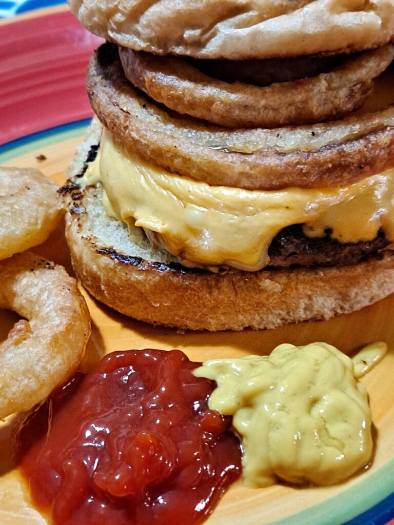 I took the advice of many of you and piled those crispy onion rings on top. DELICIOUS, just the right amount of crunch and flavor! Thanks 👍