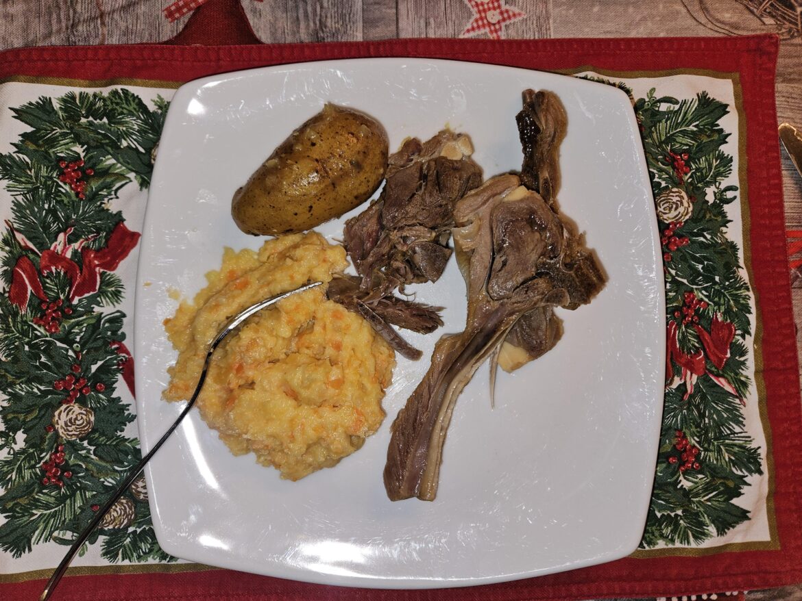 Pinnekjøtt (stick meat) with root veg mash and potatoes. Well, one potato for me. God jul!