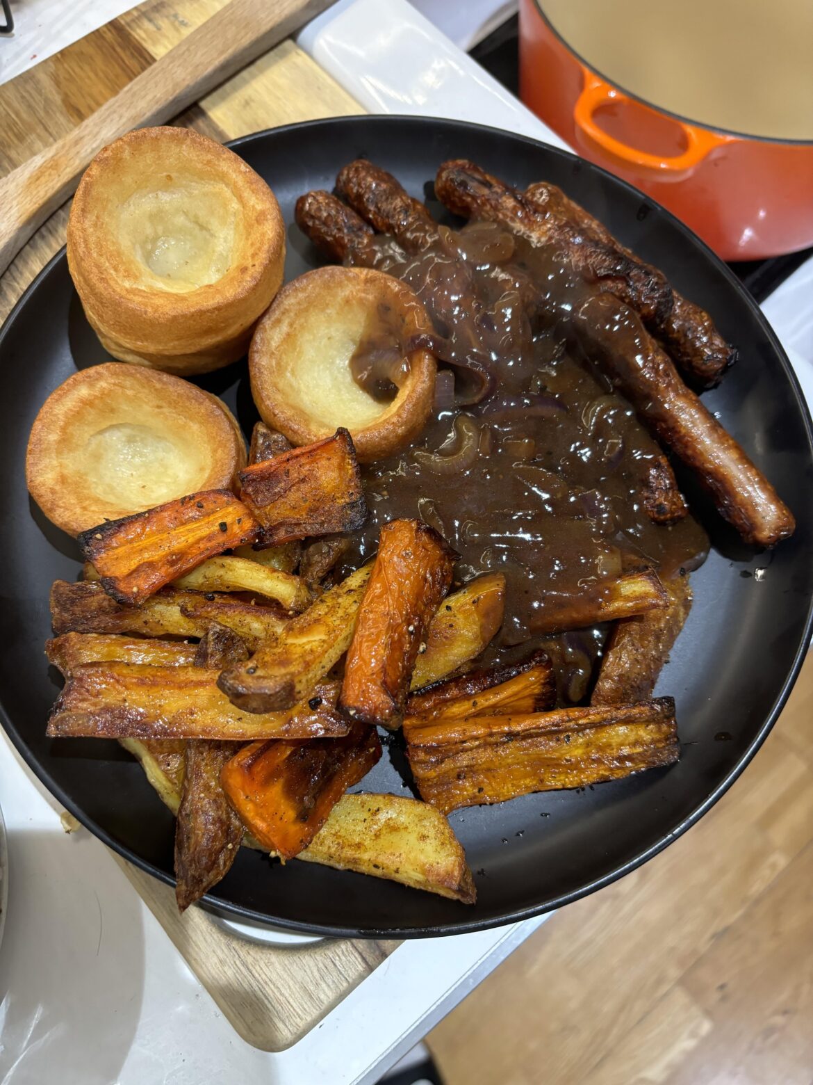 Chipolata Sausages, Roast Potatoes & Carrots, Yorkshires and Onion Gravy