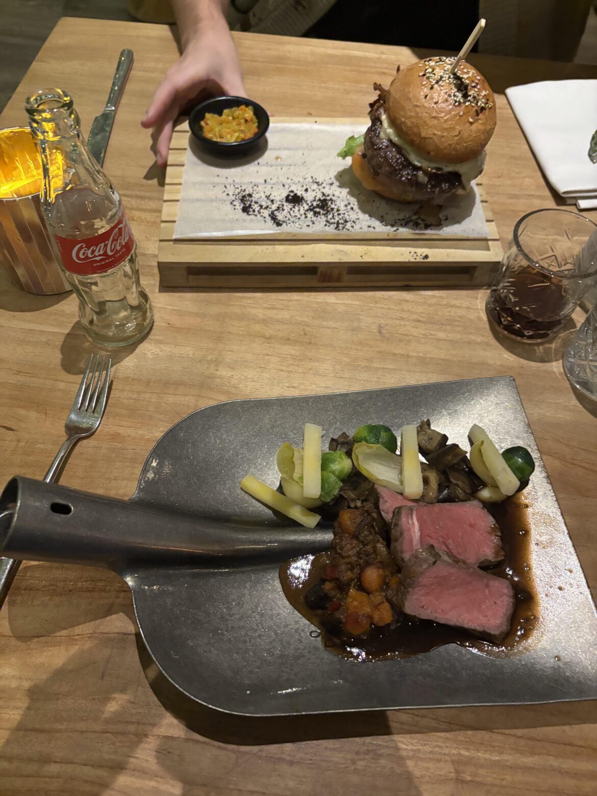 Food served on a shovel and pallat