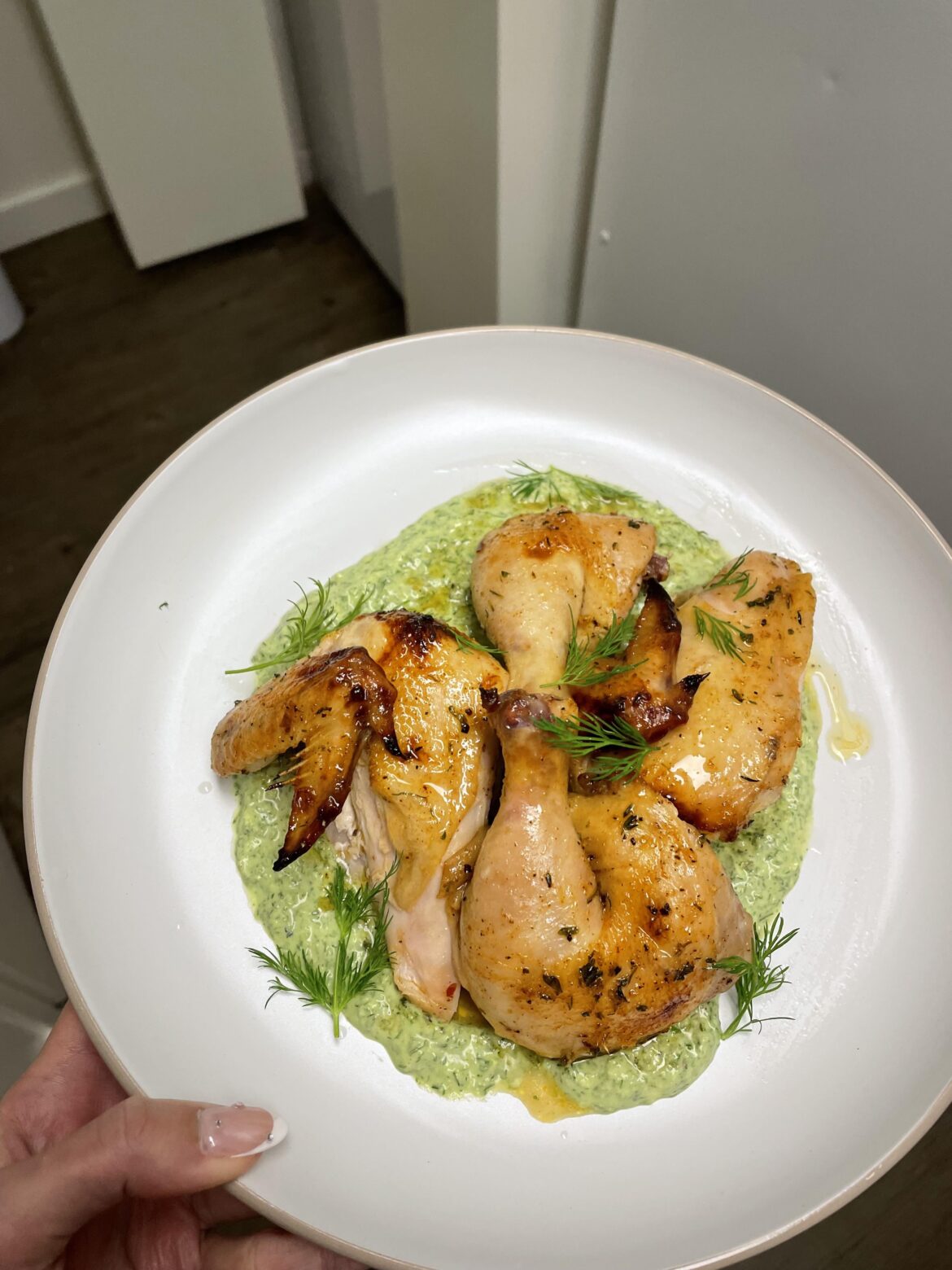 Cornish hen with creamy Greek yogurt and dill sauce
