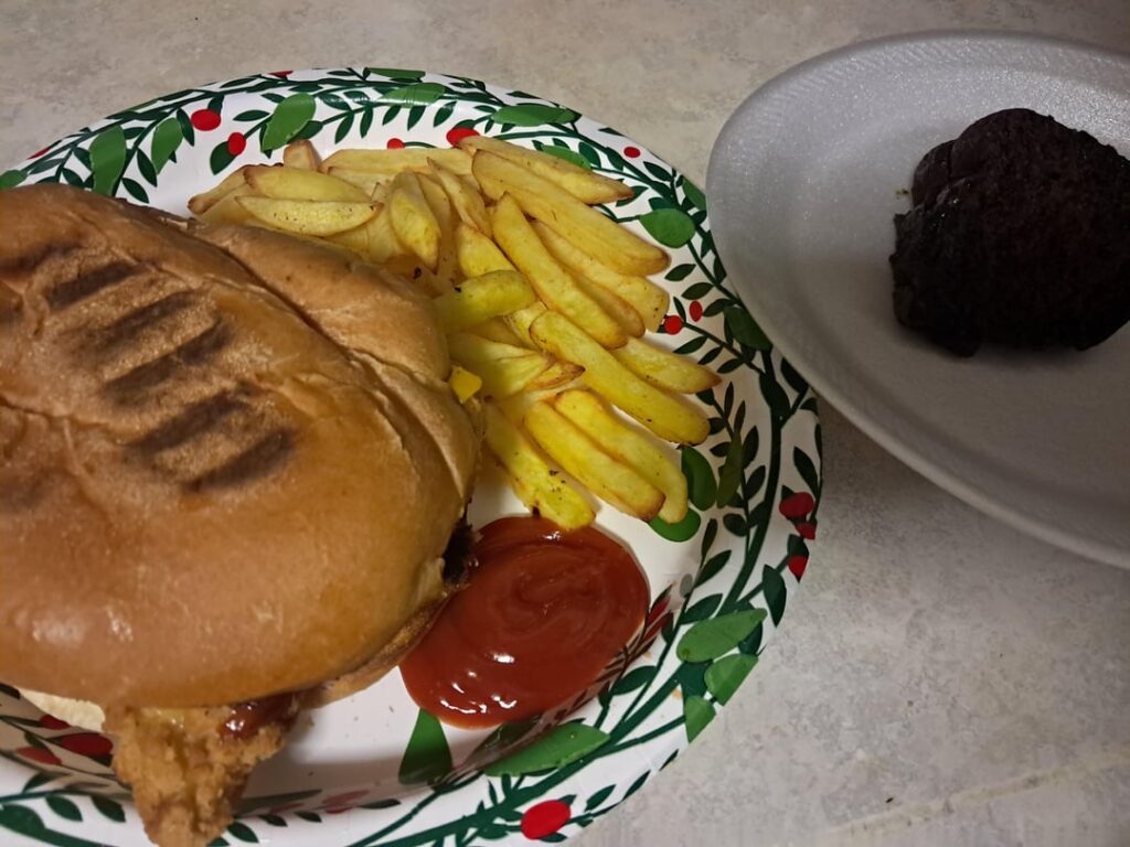 Chicken tender sandwich and a piece of chocoycake
