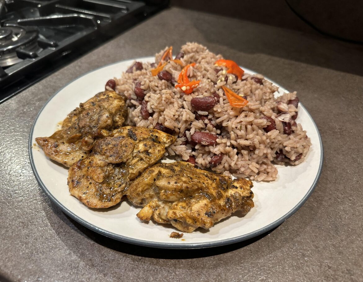 Jerk chicken thigh fillets with rice & peas