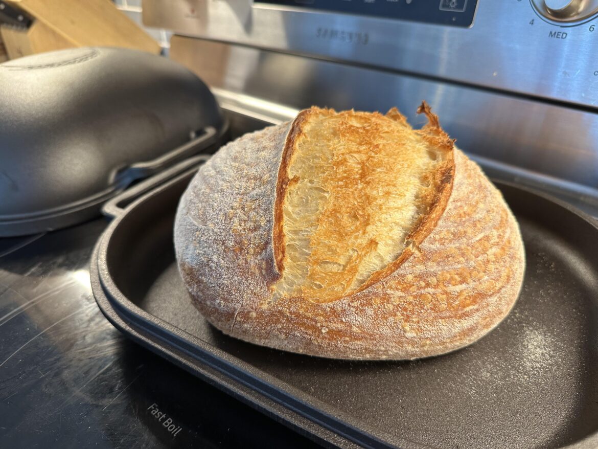 My wife gave me the Challenger Bread pan this morning, and it cooked up our Christmas sourdough that was in the fridge overnight. Yum!!