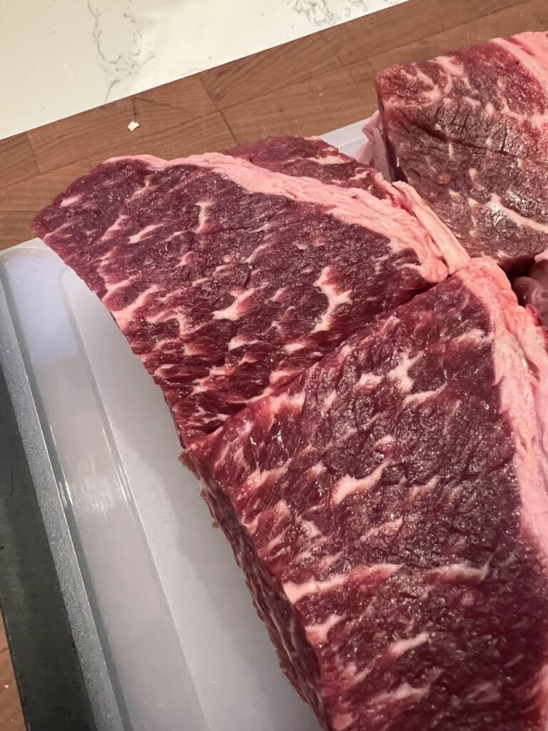 I couldn’t find good short ribs this time, so I’m making Daniel’s recipe using a nice marbled chuck roast instead—wish me luck!