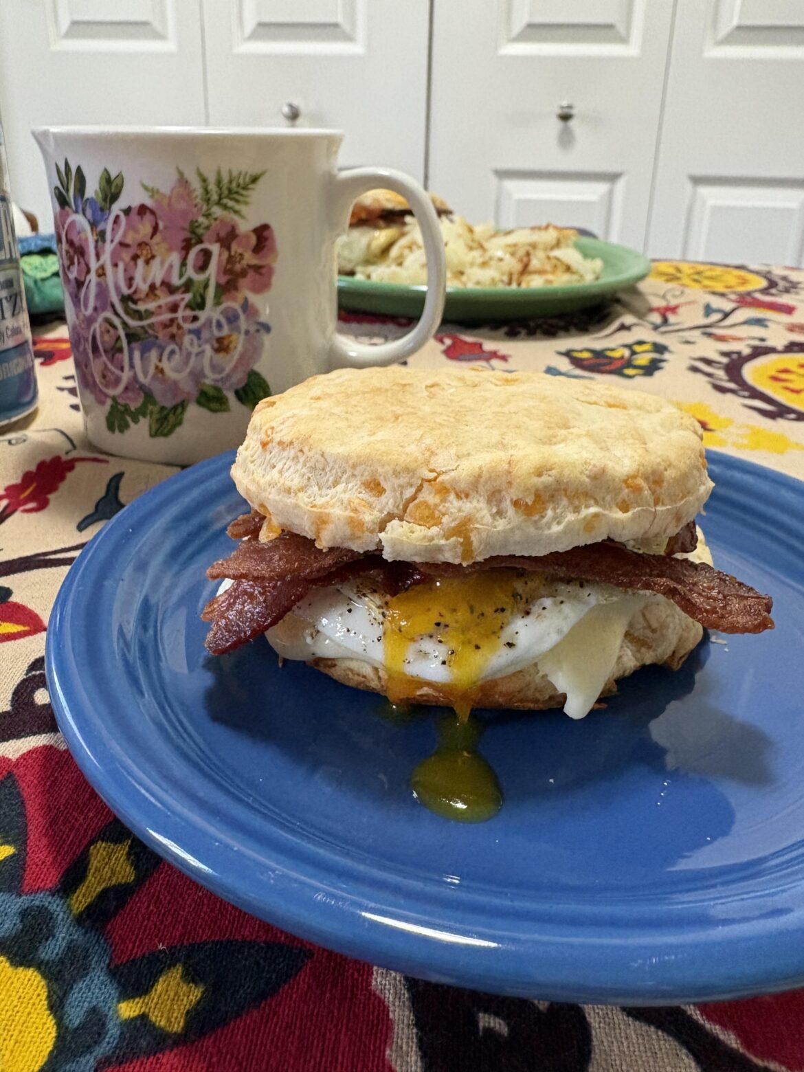 bacon egg & cheese on a fresh baked cheddar biscuit for saturday brunch