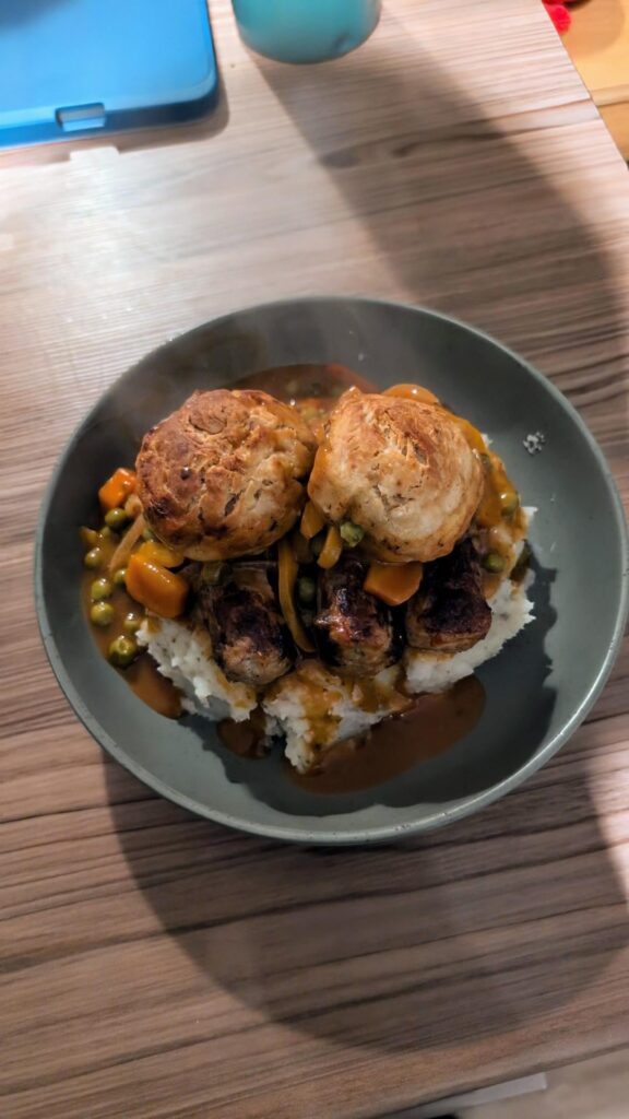 Sausage, mash and dumplings