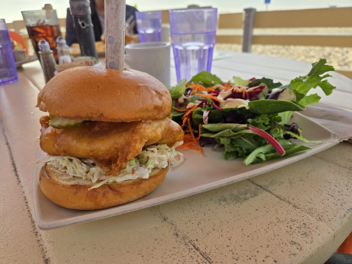 Fish sandwich and a beautiful view - Back on the Beach Cafe ($21)