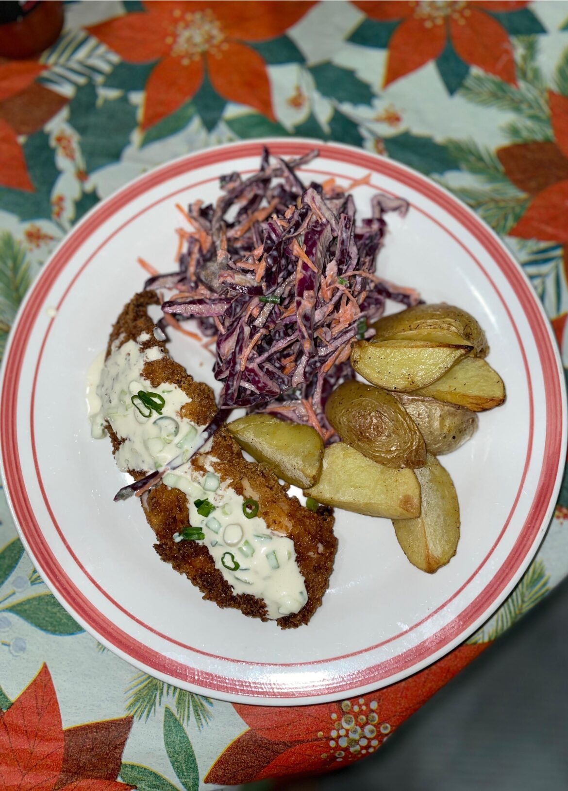 Louisiana-Style Tilapia with Potato Wedges, Red Cabbage Slaw & Spicy Remoulade