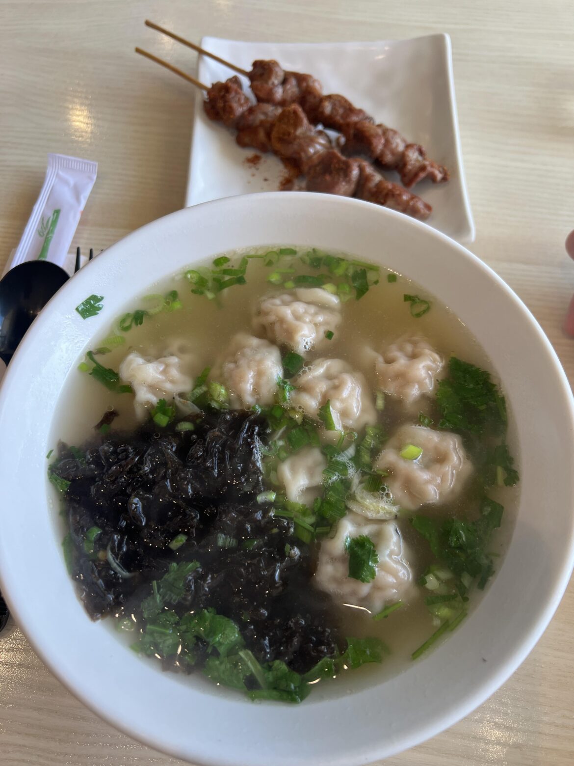 Wontons soup and lamb skewers from Dumpling Wei
