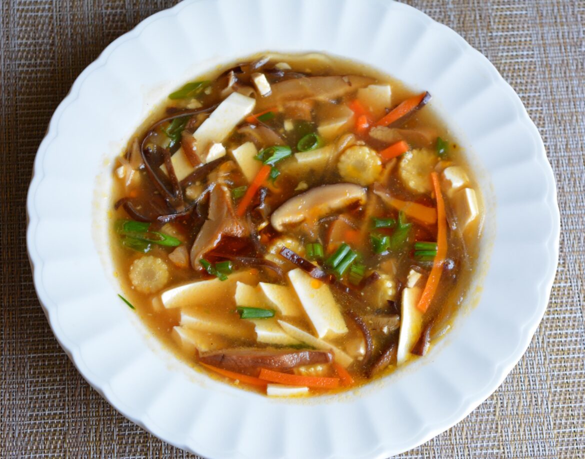 Hot and Sour soup for snacking. 110 cal per 1.5 cup serving (pictured). Has tofu and mushrooms for higher protein.