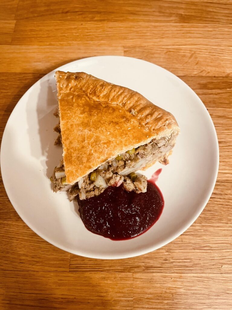Samosa pie and Beetroot chutney.